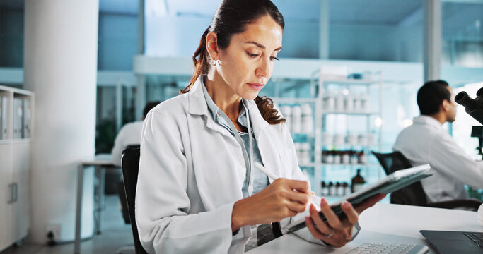 Scientist, woman and medical research with tablet at lab with writing, review and notes for pharma job. Person, gloves and equipment with application for vaccine development, trial and clinical study