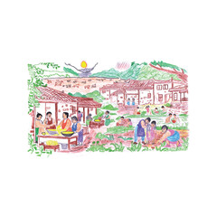 Village Life Illustration Depicting Agriculture, Culinary Practices, and Community Activities 
