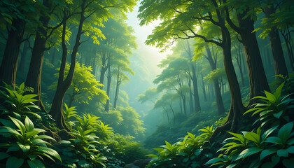 Fototapeta premium Lush Green Forest Path Sunlight Canopy Digital Art