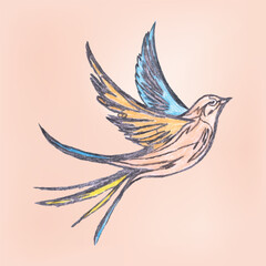 Hand-Drawn Illustration of a Colorful Flying Bird with Soft Pastel Shades   