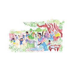 Colorful Illustration of Village Life Depicting Women, Children, and Nature Harmony  
