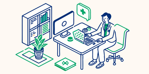 Fototapeta premium A businessman and woman are sitting with a laptop at a desk in a busy city street , A businessman and woman are sitting with a laptop at a desk in a busy city street