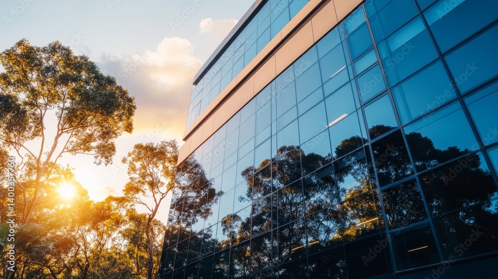 Aufkleber a striking glass cube building showcases a vibrant sunset, with trees and clouds mirrored on its sur