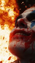 Obraz premium A close-up of the JoKeR's face, with red and blue paint on his cheeks and mouth