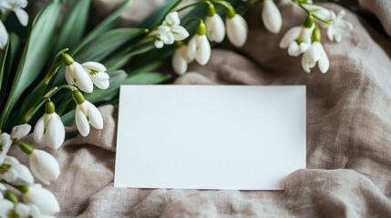 A blank white card rests among fresh snowdrop flowers on a soft, textured fabric surface. The arrangement creates a serene and inviting atmosphere perfect for springtime or a special occasion.text spa