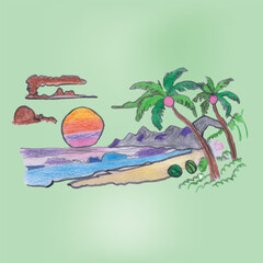 Colorful Tropical Beach Scene with Palm Trees and Vibrant Sunset 