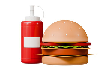 3d Hamburger and Ketchup sauce icon. American street fast food. Floating burger and French fries. Minimal Cartoon Delicious Burger beef and vegetables meal isolated on red tasty background. 3d render.