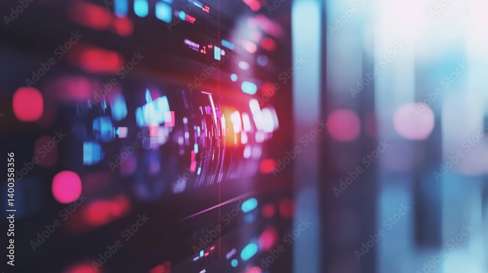 Poster a male developer interacts with a holographic display, colorful digital projections illuminate his f
