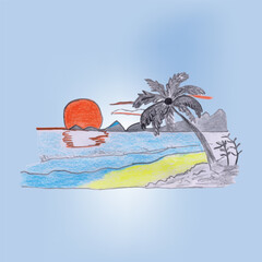 Coastal Sunset Landscape With Palm Tree and Beach Illustrating Serene Vibes