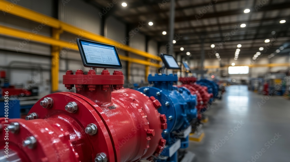 Poster Male technician inspects a large industrial valve using a digital tablet while working amidst complex machinery and pipelines in a factory environment