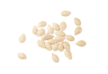 Whole Pumpkin Seeds in Shell Isolated, Raw Pepita Grains, Scattered Green Healthy Nuts