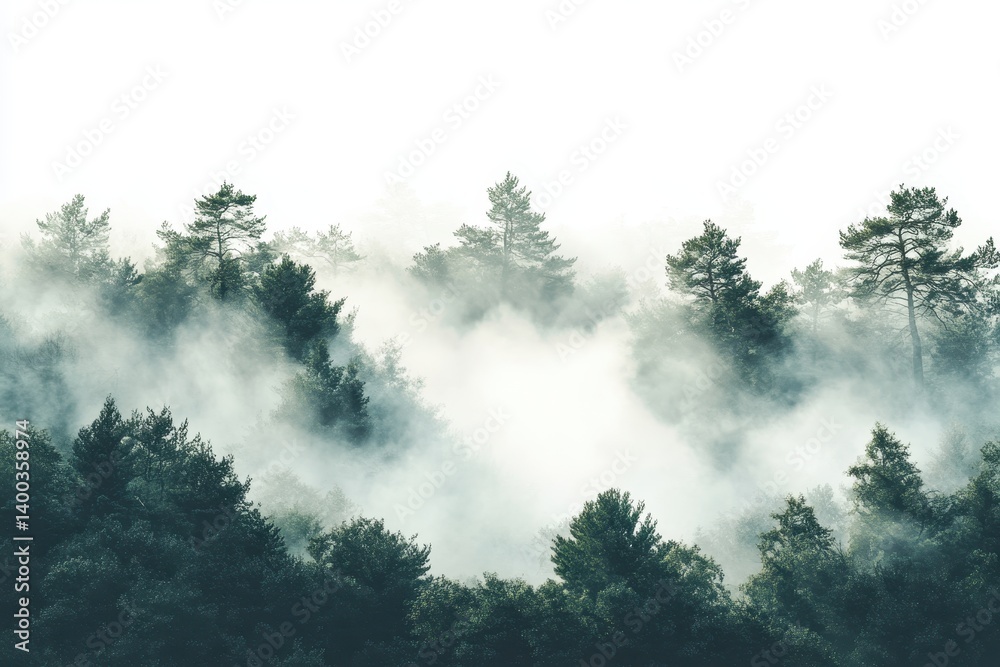 Poster morning light filters through misty coniferous forest at dawn, highlighting silhouettes of trees and