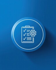 A checklist clipboard with a gear icon representing a tool for planning evaluation and administrative tasks on a vibrant blue background