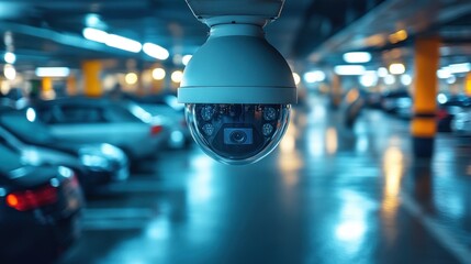 Indoor parking lot features a close-up view of a security camera monitoring vehicles and movements in a low-light environment