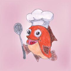 Cartoon Fish Chef Holding Spatula with Enthusiastic Expression on Pink Background