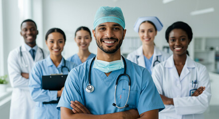 A diverse team of confident doctors and nurses, ready to serve with bright smiles and professionalism, in a modern, well-lit clinic.
