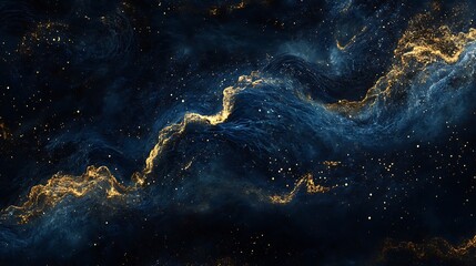 Dreamlike blue energy waves adorned with golden dust on a dark ethereal background