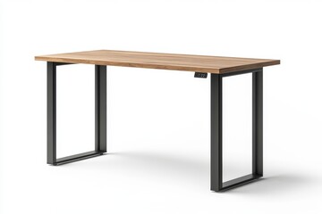 A wooden desk with metal legs isolated on white background