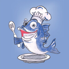 Playful Cartoon Fish Chef Holding Spoon and Plate in Blue Background