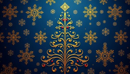 Ornate gold & red Christmas tree & snowflake pattern on deep blue background, ample copy space, tree, celebration