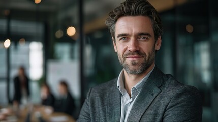 Obraz premium Confident Businessman Posing in Modern Office Setting for Success