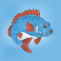 Colorful Illustration of a Blue Fish with Red Fins on a Blue Background  