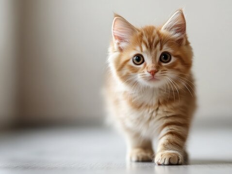 Fluffy cat stands curiously on a light-colored floor, showing its charming features and playful demeanor in a sunlit room