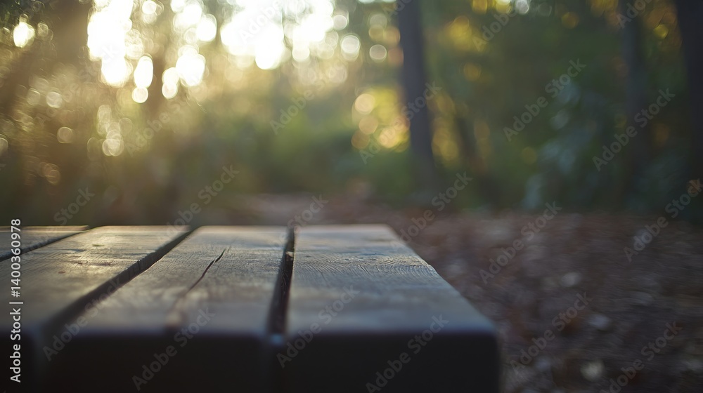 Aufkleber a wooden bench sits peacefully by a forest trail, offering a serene spot for relaxation as soft sunl