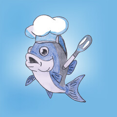 Cartoon Fish Chef Holding Utensil Against Solid Blue Background  