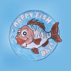 Colorful Illustration of a Happy Fish in a Circular Design  