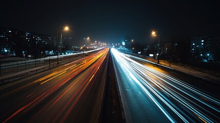 Night Long Exposure Shot of Speeding Cars on Urban Highway