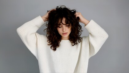Naklejka premium a young woman with voluminous dark curly hair gently touches her head while wearing a cozy white sweater against a neutral gray backdrop.