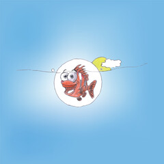 Whimsical Cartoon Fish Surrounded by Bubbles Under a Clear Blue Sky  