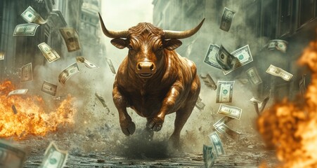 An animated bull charges through a city street, amidst flying bills and explosions, creating an intense atmosphere of chaos and power