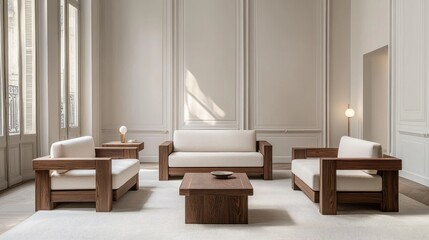 Fototapeta premium Modern living room with clean, minimal design and natural light, embodying simplicity and elegance.