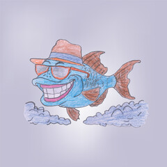 Cheerful Cartoon Fish Wearing Hat and Sunglasses Flying in the Clouds  