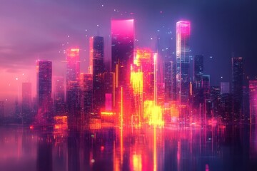 Stunning futuristic skyline illuminated with vibrant pink and orange lights reflecting in the water during twilight hours