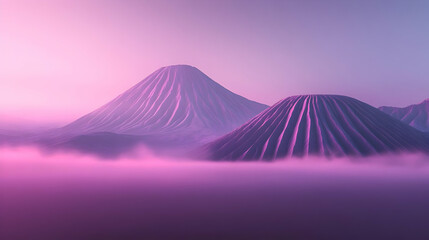 Fototapeta premium Abstract Pixelated Mountain Landscape with Pink and Purple Mist 3D Rendered Geometric Design with Low Poly Terrain and Digital Art Background