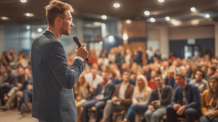 Young man delivers engaging presentation to a large audience