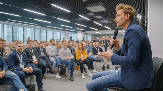 Young businessman engages audience during public presentation at business conference - Powered by Adobe