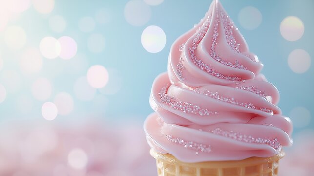 Macro view of pink soft serve ice cream with glittering sugar sprinkles in a cone, captured in dreamy lighting against a pastel bokeh background
