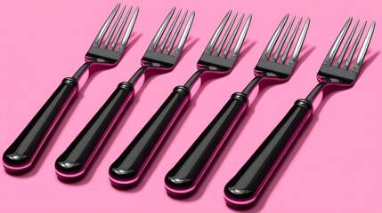 Fototapeta premium Set of five stainless steel forks arranged on pink background in geometric layout showcasing cutlery precision minimalist kitchenware design and object symmetry