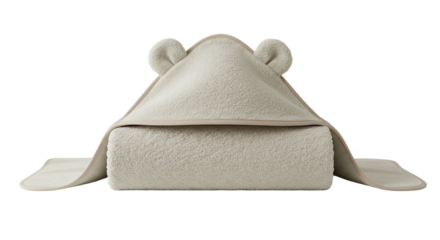 A folded beige hooded baby towel with bear ears against a dark background in a studio setting