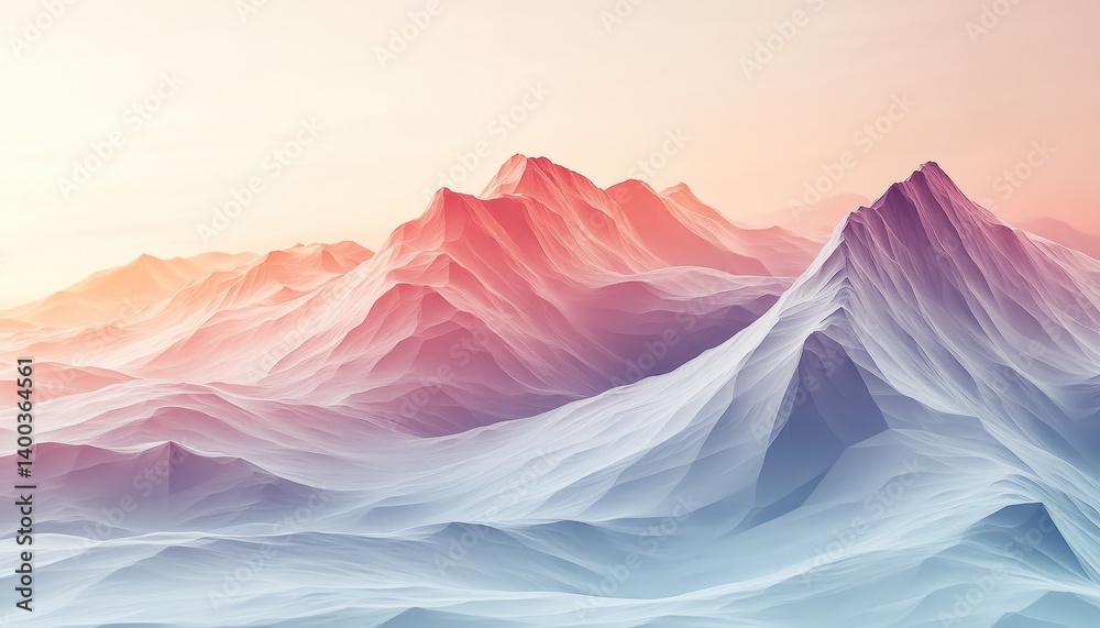 Poster mountains with misty peaks and serene valleys create an ethereal landscape in soft blue and white to