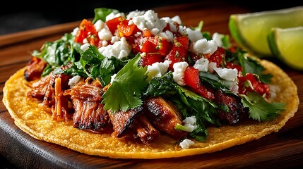 A flavorful pork taco topped with vibrant salsa, crumbled feta, and fresh cilantro.