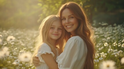 Fototapeta premium Mother And Daughter Embracing In A Daisy Field At Golden Hour,Loving Bond