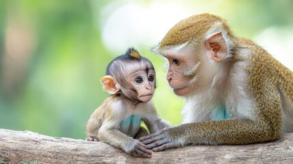 A tender moment between a mother monkey and her baby, showcasing their bond in a lush, green environment.
