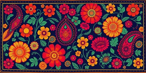 Paisley & marigold floral pattern in Ajrakh, Bagru, Sanganer block print & batik styles Seamless textile design with border, Ajrakh, repeat