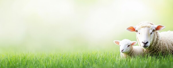 A mother sheep and her lamb resting in lush green grass, exuding a peaceful and serene atmosphere.