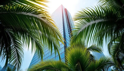 Fototapeta premium Palm fronds obscure modern skyscraper; lush green hides glass facade, obscured view, vegetation